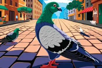 An illustration of a pigeon standing in the middle of a city street.