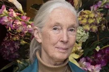 Jane Goodall standing in front of a floral arrangement