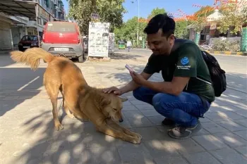 a man sitting on the sidewalk with a dog