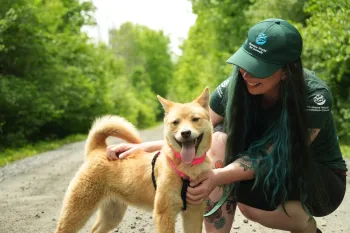 Humane world employee smiling with rescued dog wearing a pink collar