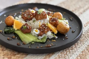 Orange tofu with rice and bok choi