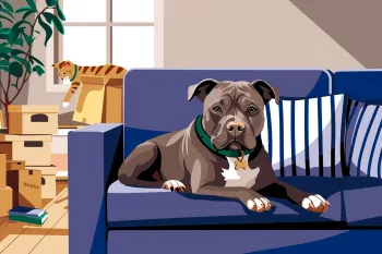 Illustration of a gray-and-white dog lying on a blue couch in a living room surrounded by moving boxes, with an orange cat sitting in an open box in the background.