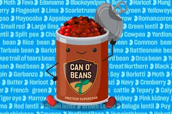 Cartoon can of beans with arms and legs, overflowing with red beans and holding its lid open, on a blue background filled with the names of different bean varieties. The label reads “CAN O’ BEANS” and “PROTEIN SUPERSTAR.”