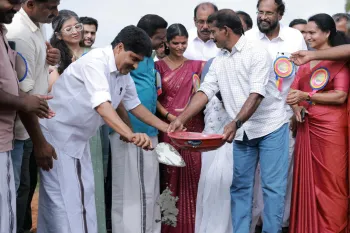 Keralam's Minister of Agriculture, Shri Adv. T Siddique laying the stone for India's first ever permanent animal evacuation shelter for disasters in Keralam's Kottathara, Wayanad. The shelter is being made by Humane World for Animals India, with support from Kerala State Disaster Management Authortiy and Kottathara Gram Panchayat.