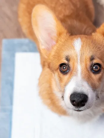 Corgi puppy using a wet pad to potty train