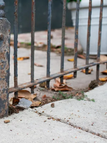 A cat standing on a concrete path rubbing its face against metal post.