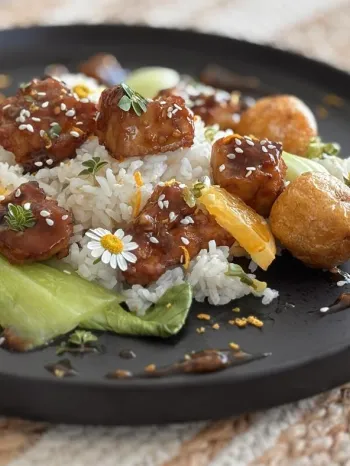 Orange tofu with rice and bok choi