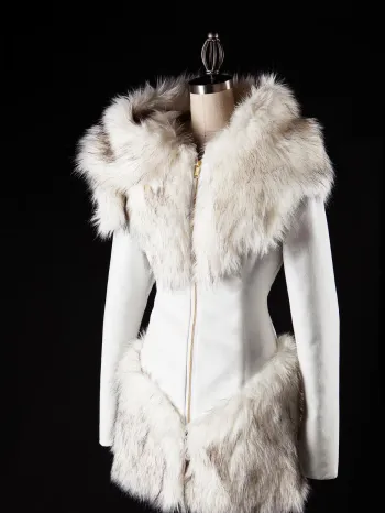 A white furry coat with a white collar