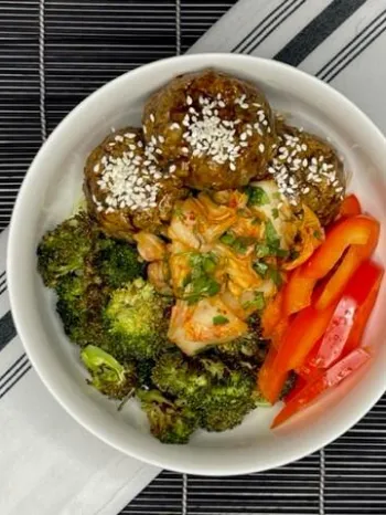 Asian tofu lentil noodle bowl