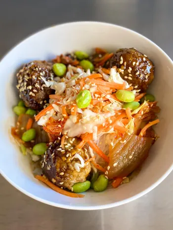 Sticky sesame lentil bowl with nuoc cham sauce