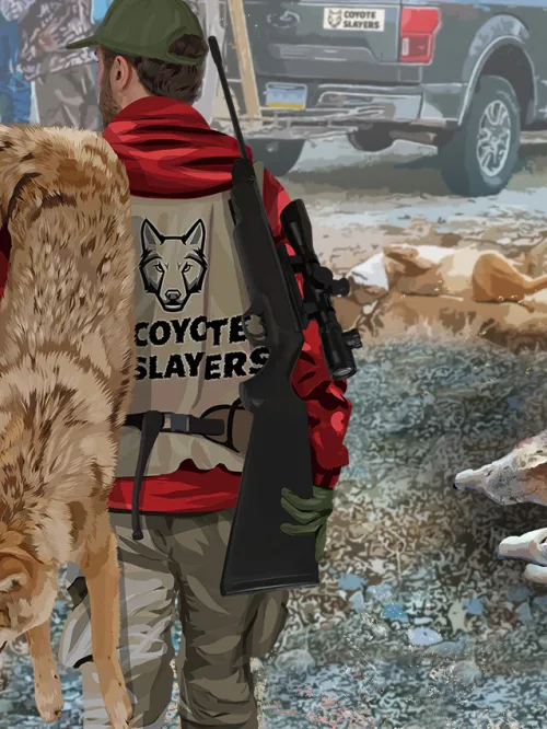 Illustration of a man carrying a dead coyote among other participants of a wildlife killing contest