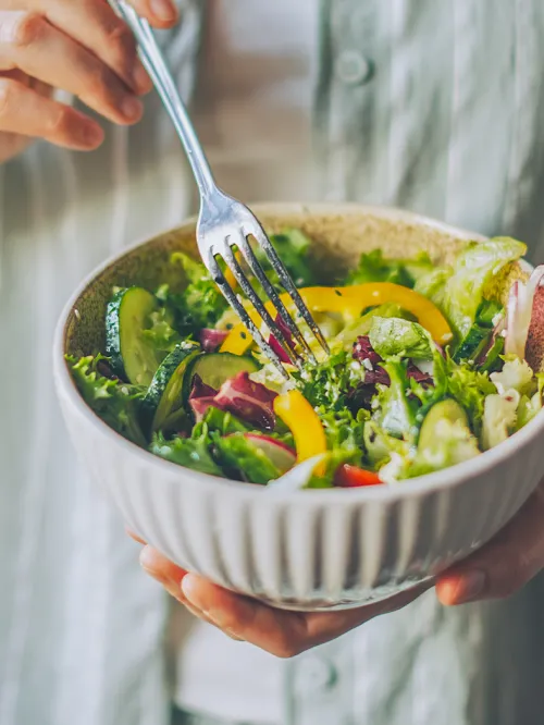 Person holds a salad with a variety of vegetables forward
