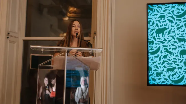 Rebecca Aldworth, executive director of Humane World for Animals Canada, gives remarks at the rebrand celebration in Montreal. Humane World for Animals 