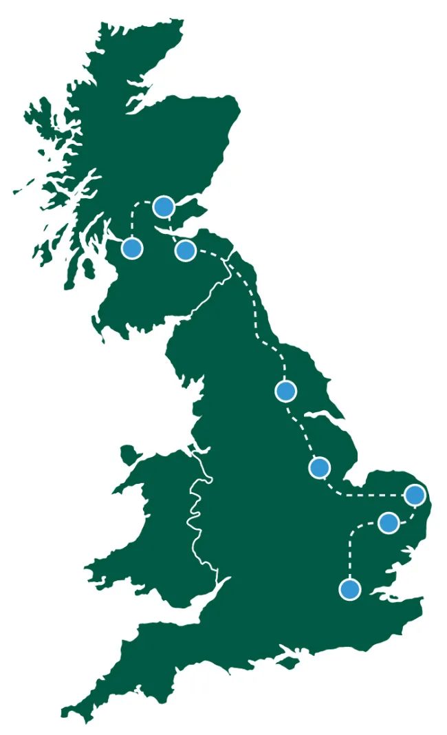 Map of the stops on the Crate Britain tour including London, Thetford, Norwich, Lincoln, York, Edinburgh, Perth, and Glasgow