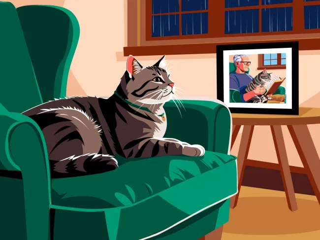 Illustration of a tabby cat lounging comfortably on a green armchair in a cozy living room. Beside the chair, a framed photograph on a small table shows an older man reading a book while the same cat sits on his lap. A window with dark blue night sky and rain streaks adds a calm, reflective mood to the scene.