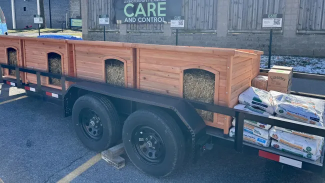 multiple doghouses and bags of dog food on a trailer