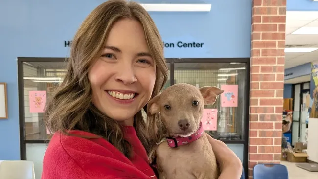 A woman wearing a bright red sweatshirt is holding a small, tan dog in their arms.