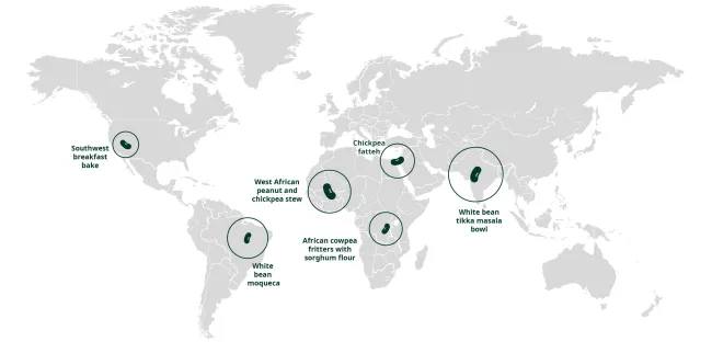 A world map with beans marking various countries to show which recipe came from where.