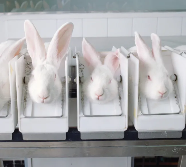 White rabbits housed in laboratory restraint boxes.