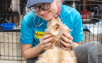 HSUS volunteer cuddling a dog at a temporary emergency shelter to care for animals displaced by the California wildfires in 2018.