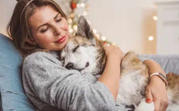 Woman and her dog cuddling on the couch with holiday lights behind them