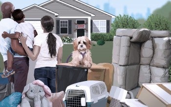 Illustration of a family with a dog in front of their house with eviction sign on it, surrounded by their belongings.