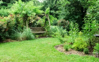 humane backyard with a bench and birdbath