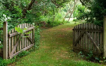 open gate leading into a lush green garden