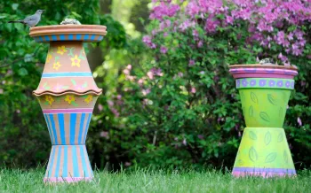 DIY painted bird baths made from clay pots