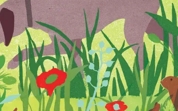 a dog points in a field of grass and wildflowers as a rabbit looks on