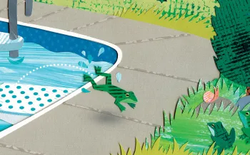 A frog jumps to safety out of a pool using a ramp to rejoin the other frogs on the safety of the grass