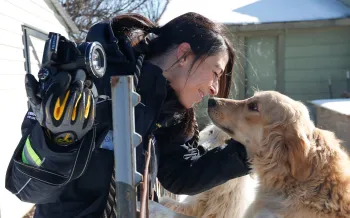 Intern Ashley Mauceri rubs noses with a dog