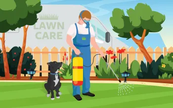 Illustration of a lawn care professional spraying chemicals onto a lawn while a dog sits looking up at him.