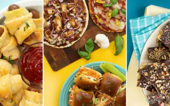 Delicious plant-based dishes on colorful backgrounds