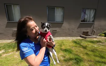 Woman holds and greets a dog