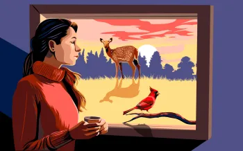 Illustration of a woman looking out a window at a deer and cardinal outside.