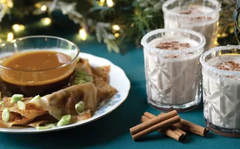 A beautiful holiday spread of mushroom potsticker dumplings and coconut nog.