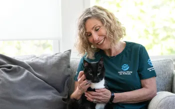 Kitty Block petting cat