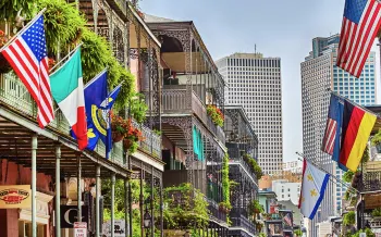 Balconies on buildings and houses with wrought iron in the French Quarter, New Orleans