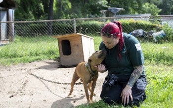 a woman kneeling down next to a dog