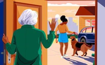 Illustration of a woman standing in her doorway, waving goodbye to another woman walking away with a dog.