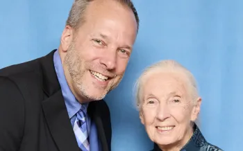 Jeff Flocken (left) and Jane Goodall at Goodall’s birthday celebration.