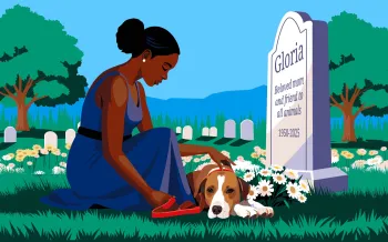Illustration of a woman kneeling beside a dog in a peaceful cemetery. She sits in front of a gravestone marked “Gloria, Beloved mom and friend to all animals, 1950–2025,” gently resting her hand on the dog’s head. The dog lies among white daisies, looking sad. Trees and additional gravestones sit in the background under a bright blue sky.