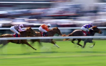several racing horses run around a track with a blur effect.