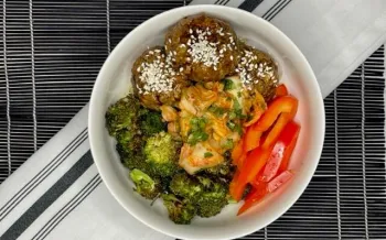 Asian tofu lentil noodle bowl