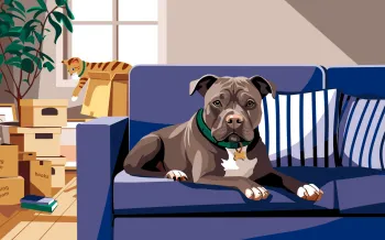 Illustration of a gray-and-white dog lying on a blue couch in a living room surrounded by moving boxes, with an orange cat sitting in an open box in the background.