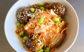 Sticky sesame lentil bowl with nuoc cham sauce