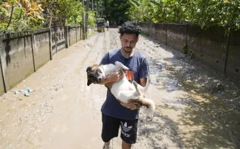 Man carrying dog in flood