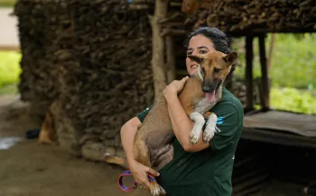 A person smiles while holding a medium-sized brown dog in their arms.