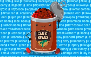 Cartoon can of beans with arms and legs, overflowing with red beans and holding its lid open, on a blue background filled with the names of different bean varieties. The label reads “CAN O’ BEANS” and “PROTEIN SUPERSTAR.”